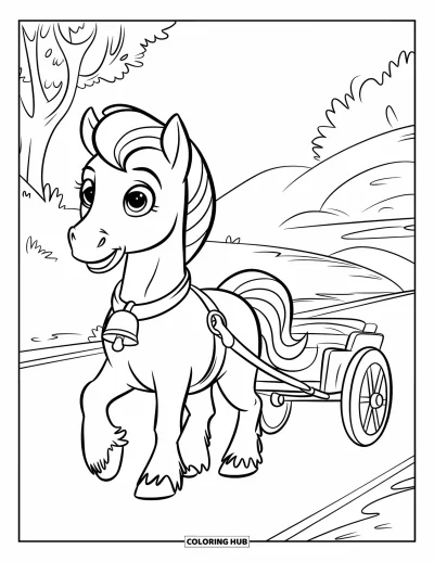 Coloriage de poney pour enfants : Un poney avec un collier tire une petite charrette devant des arbres et des collines