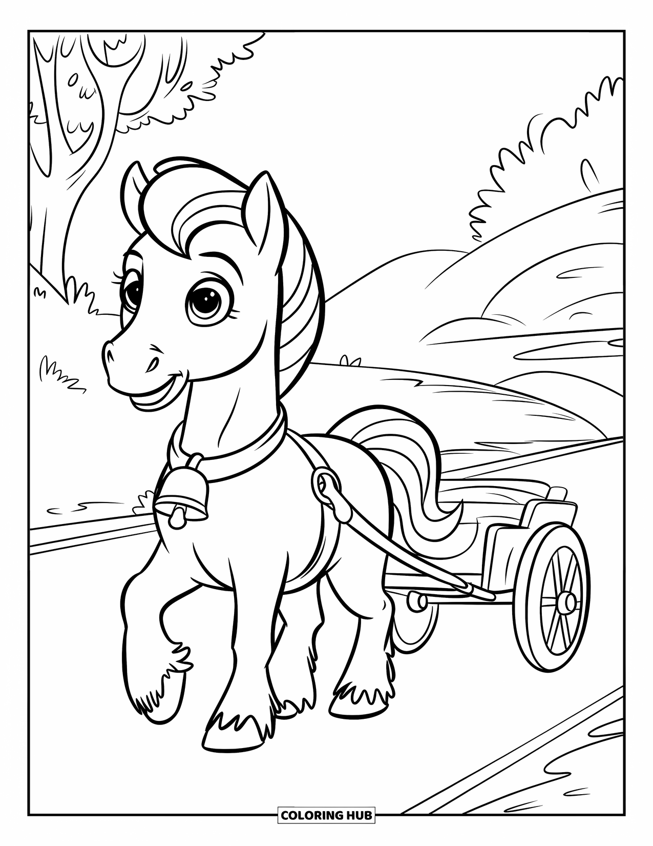 Coloriage de poney pour enfants : Un poney avec un collier tire une petite charrette devant des arbres et des collines