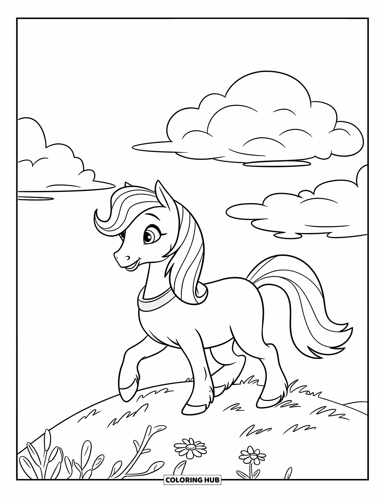 Coloriage de poney pour enfants : Un poney avec un collier se promène le long d’une colline avec des fleurs et des nuages