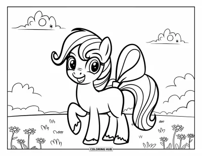 Coloriage de poney pour enfants : Un poney avec un nœud mignon se tient sur l’herbe avec des fleurs et des nuages au-dessus