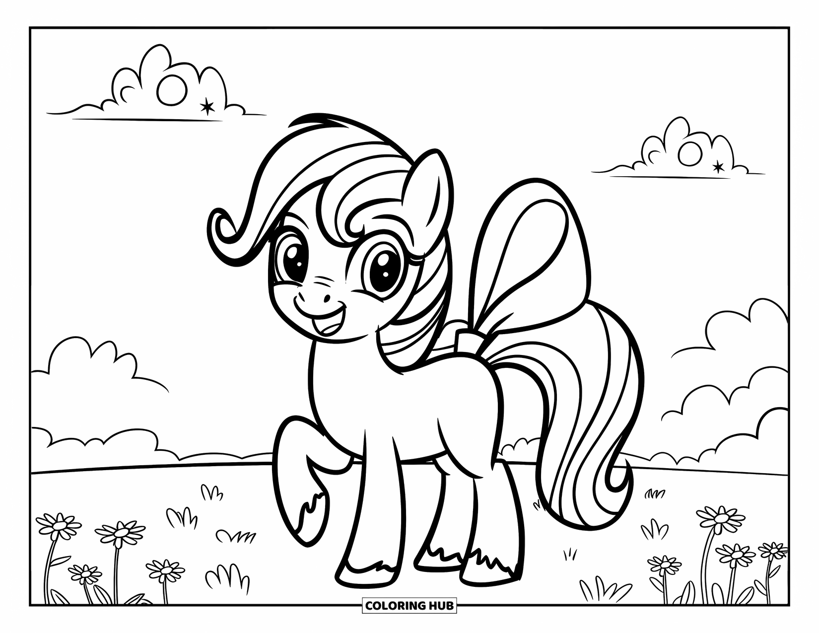 Coloriage de poney pour enfants : Un poney avec un nœud mignon se tient sur l’herbe avec des fleurs et des nuages au-dessus