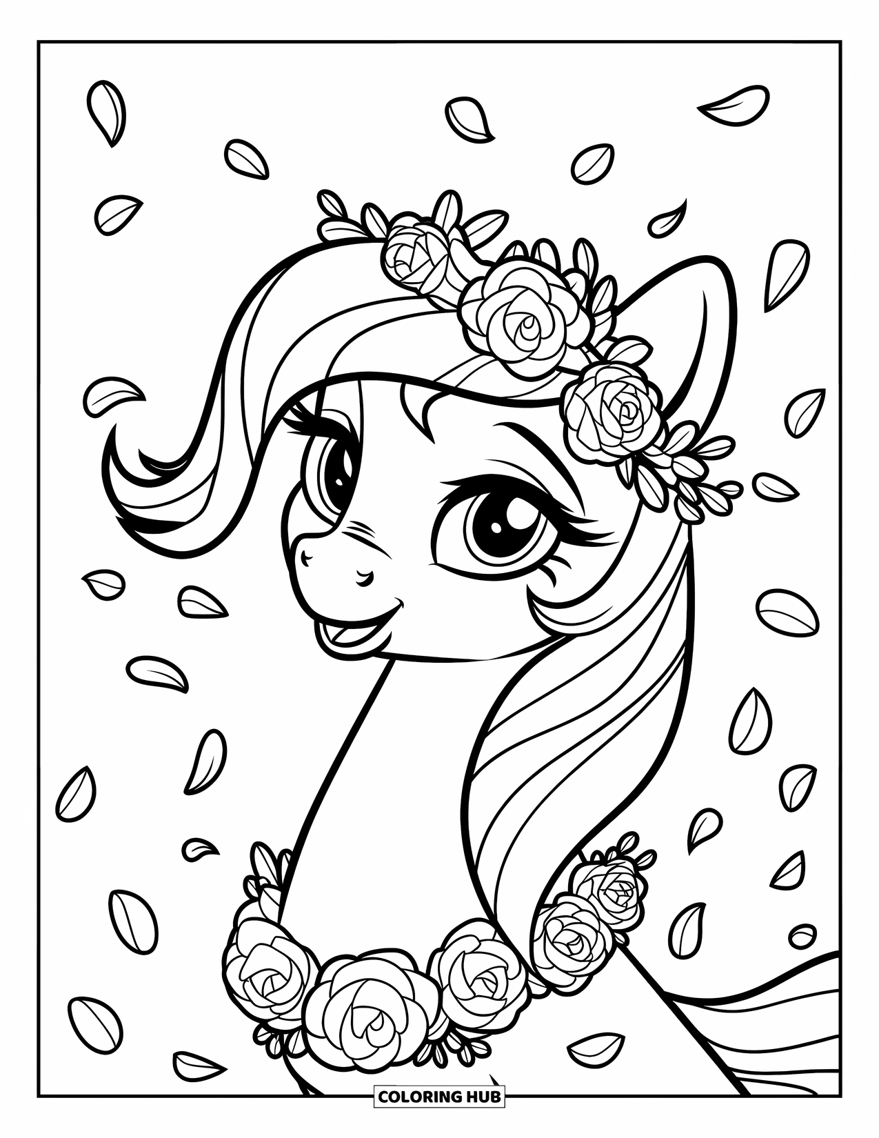 Coloriage de poney pour enfants : Un poney avec une couronne florale incline la tête tandis que des pétales l’entourent doucement