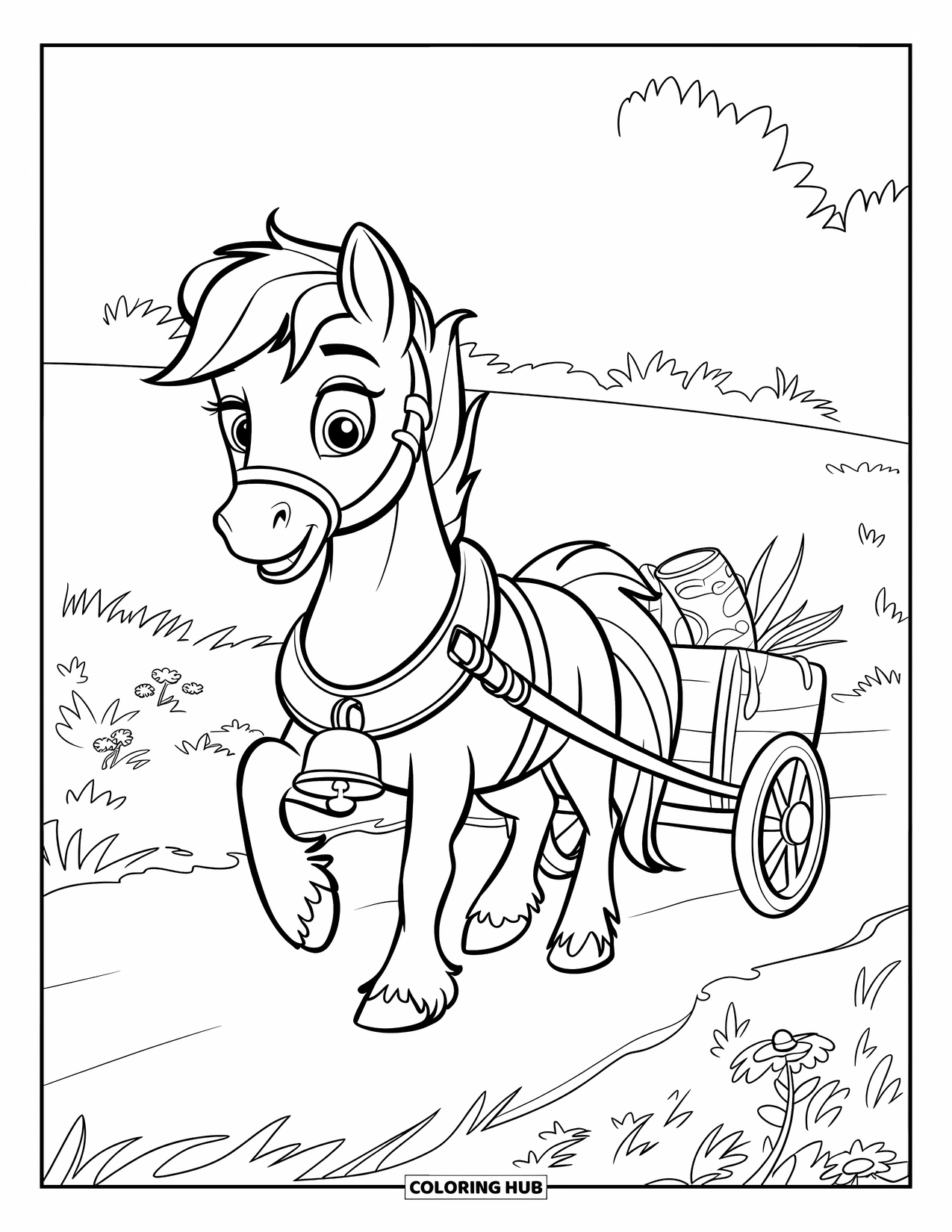 Coloriage de poney pour enfants : Un poney avec un licol tire une petite charrette à travers un champ de fleurs