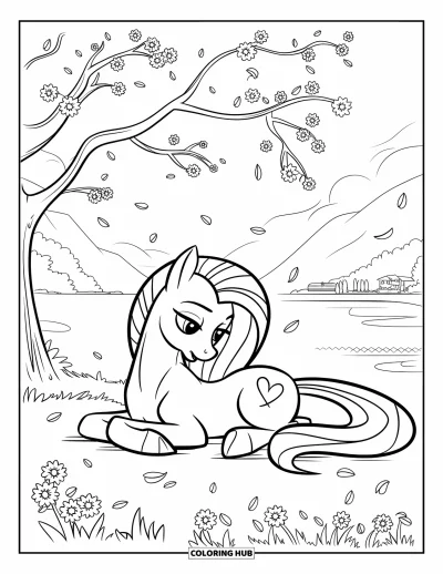 Coloriage de poney pour enfants : Un poney avec une marque en forme de cœur est allongé sous des fleurs de cerisier près de l’eau et des montagnes