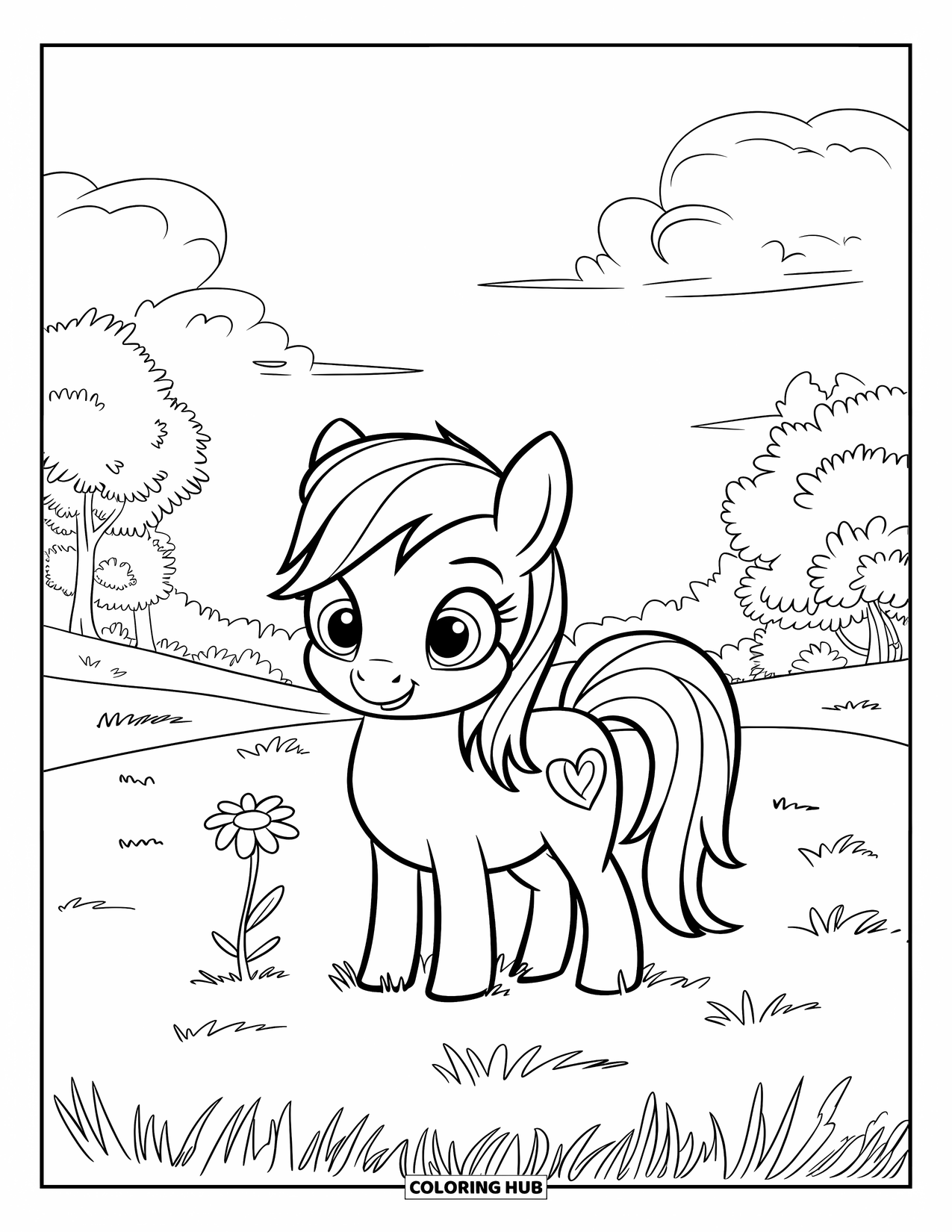 Coloriage de poney pour enfants : Un poney avec une marque en forme de cœur se tient dans un champ avec une petite fleur à proximité