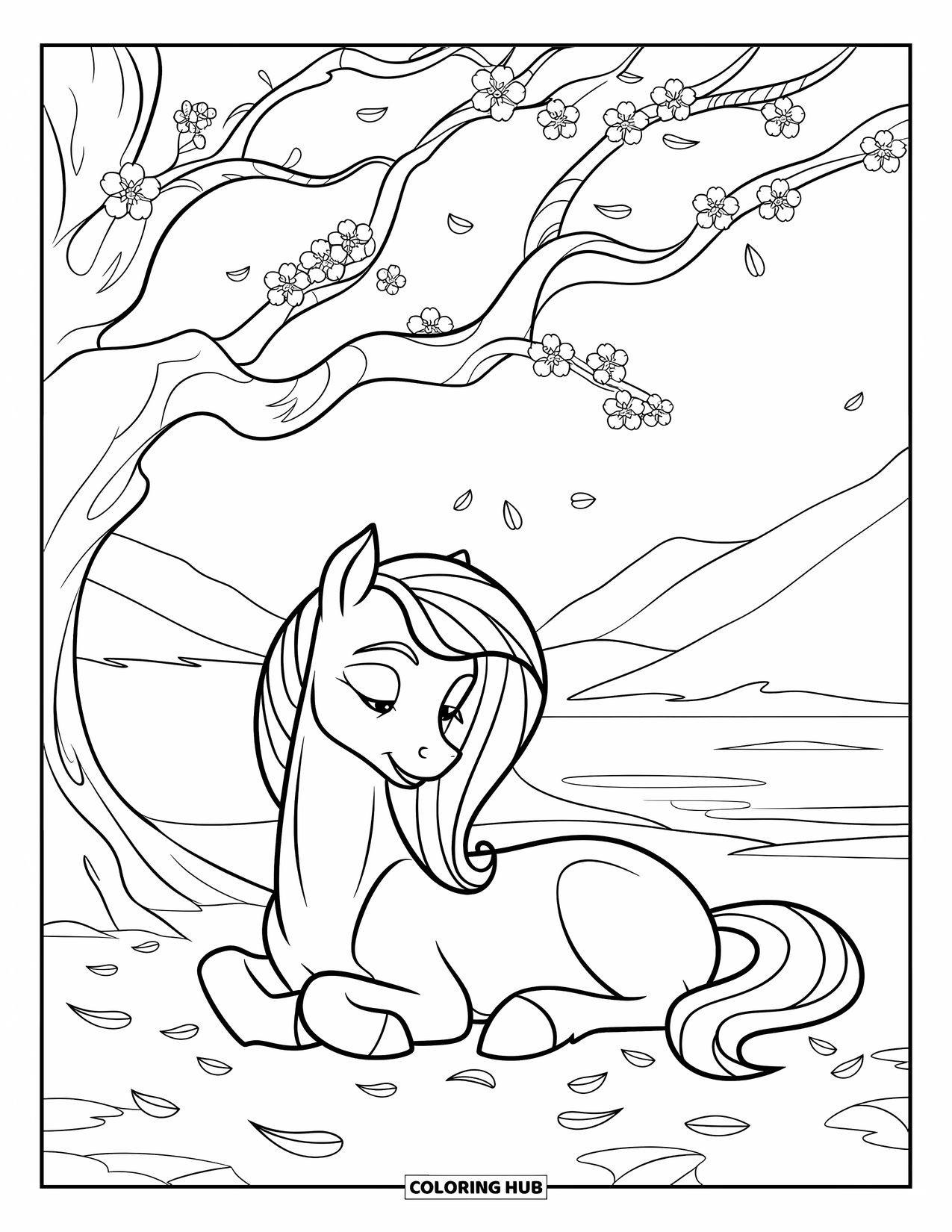 Coloriage de poney pour enfants : Un poney avec une crinière rose est allongé sous un cerisier en fleurs avec des pétales tout autour