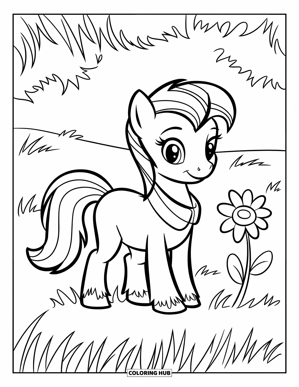 Coloriage de poney pour enfants : Un poney avec un collier violet se tient dans l’herbe à côté d’une seule petite fleur