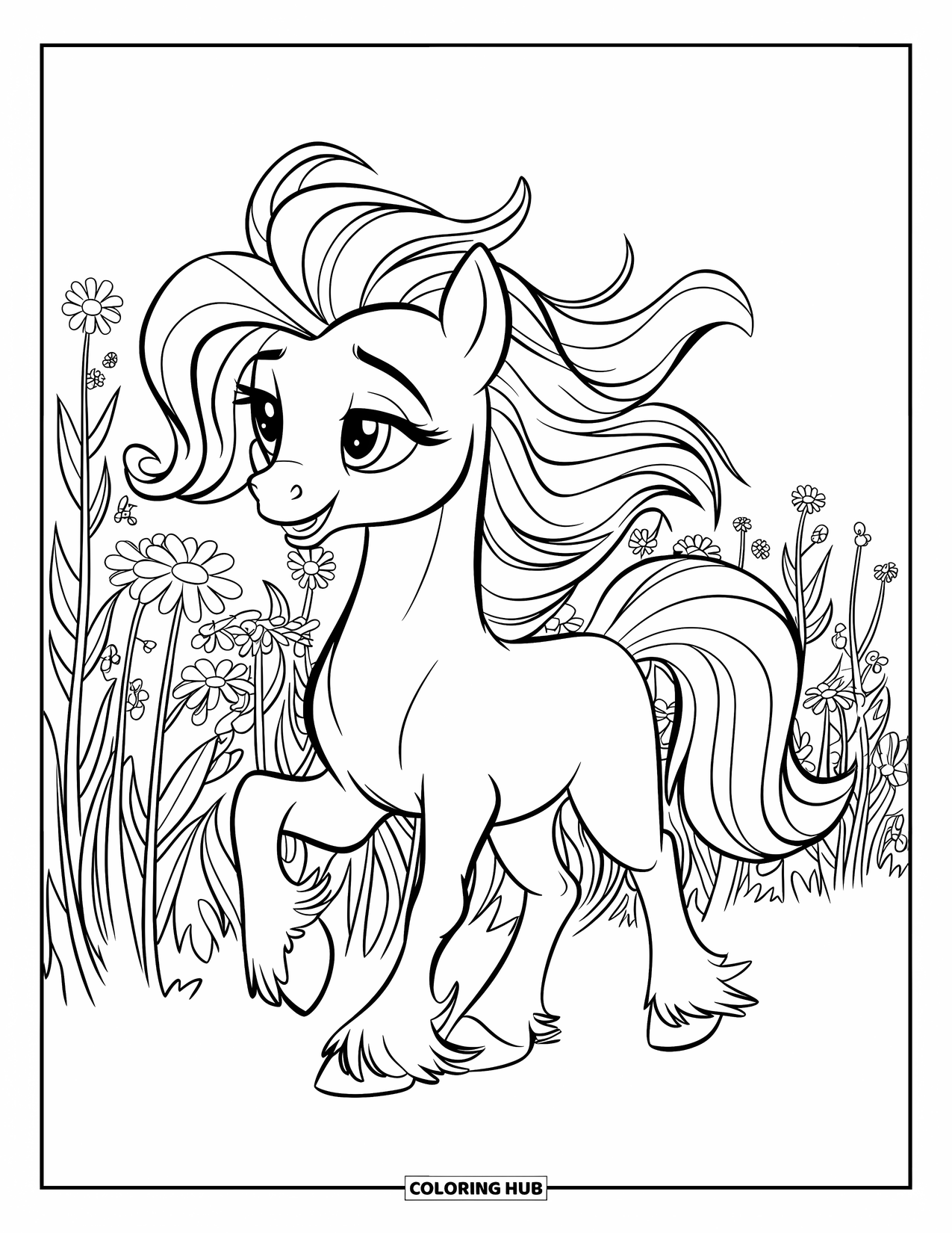 Coloriage de poney pour enfants : Un poney avec un ruban autour du cou se promène dans un champ de grandes fleurs