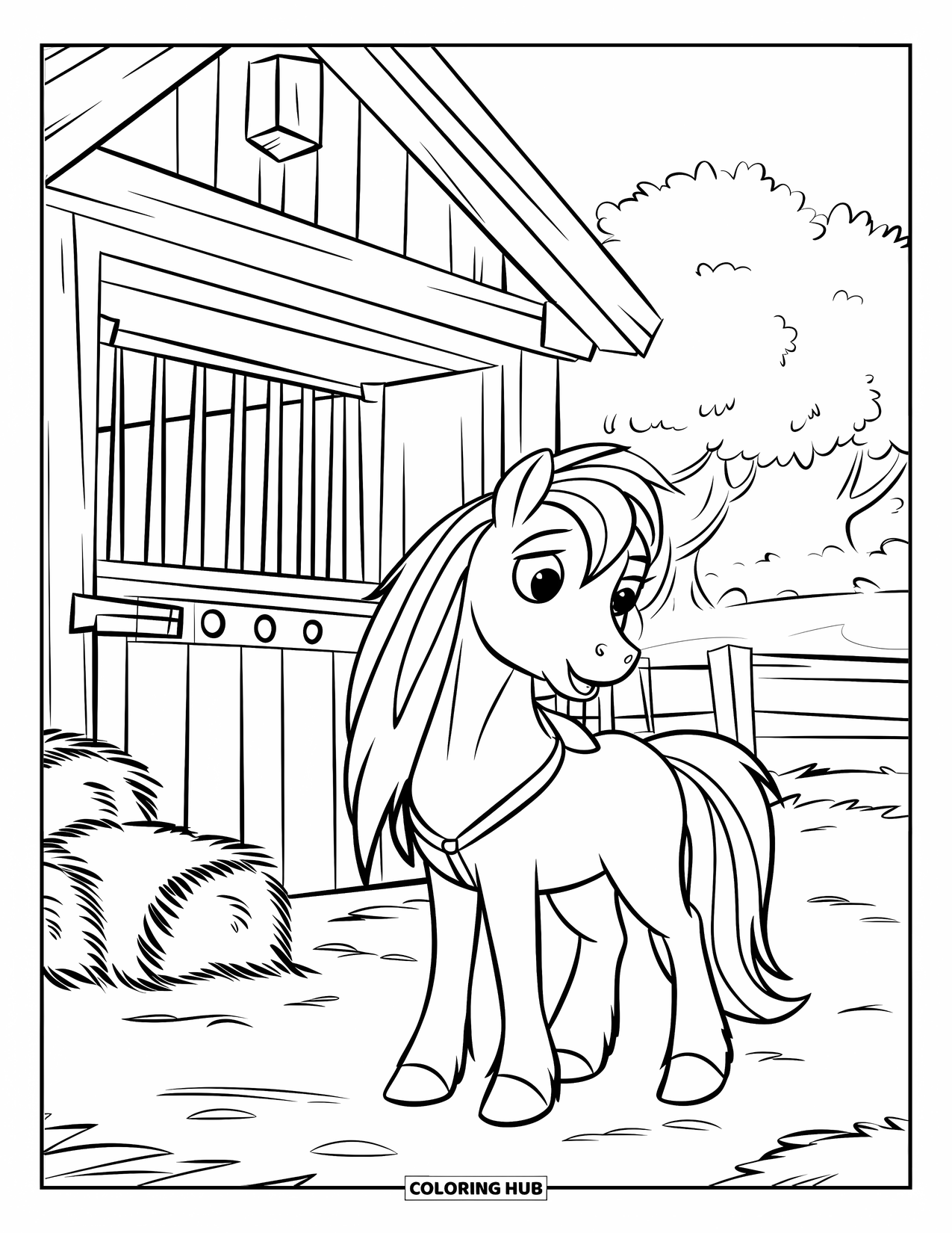 Coloriage de poney pour enfants : Un poney avec une selle se tient près d’une étable en bois avec du foin et des arbres