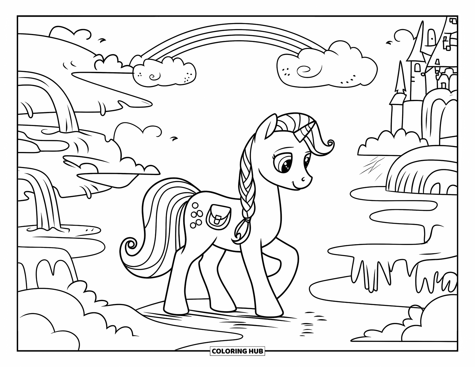Coloriage de poney pour enfants : Un poney avec une sacoche et une crinière tressée se promène à travers des nuages, des îles et un arc-en-ciel de rêve
