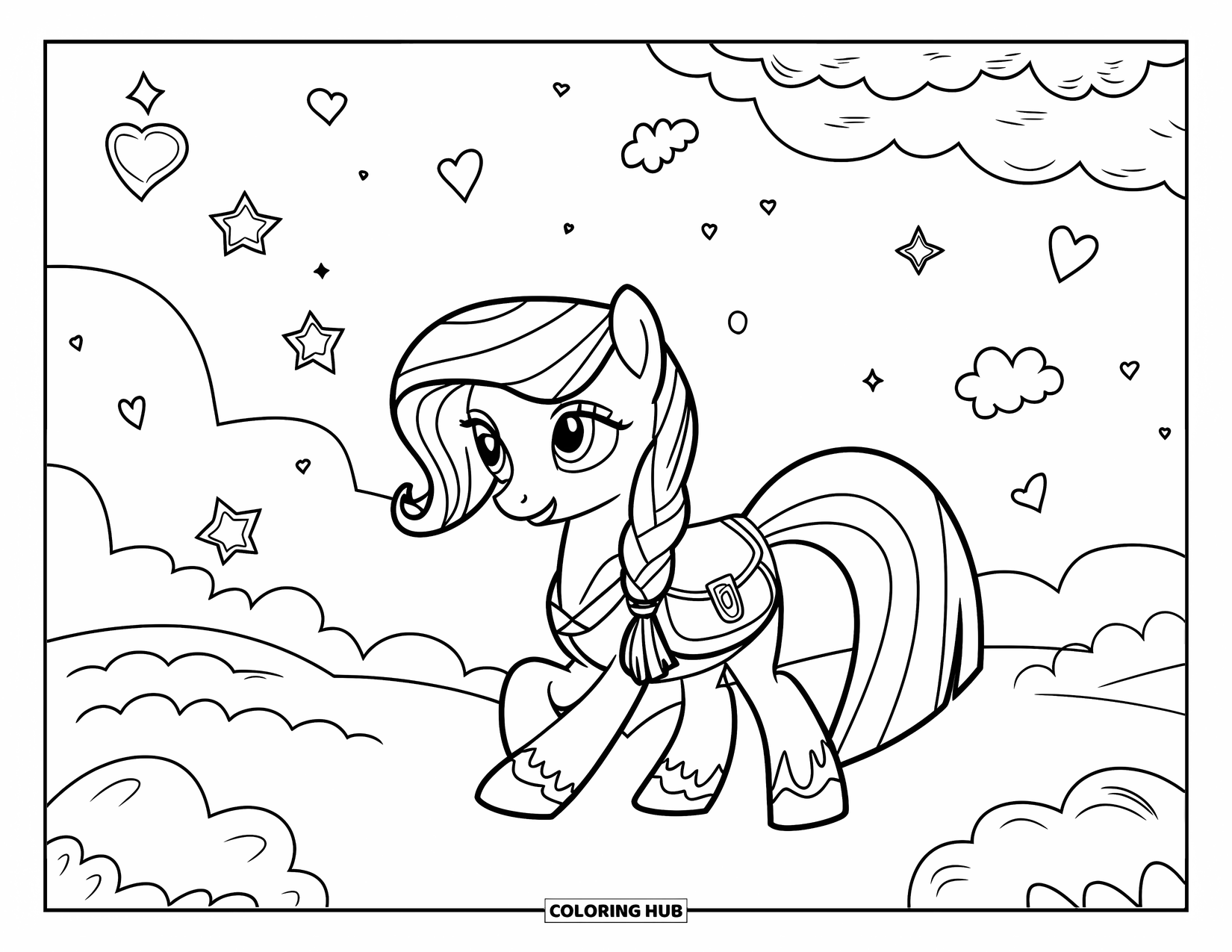 Coloriage de poney pour enfants : Un poney avec une sacoche et une crinière tressée se promène sous des nuages, des cœurs et des étoiles