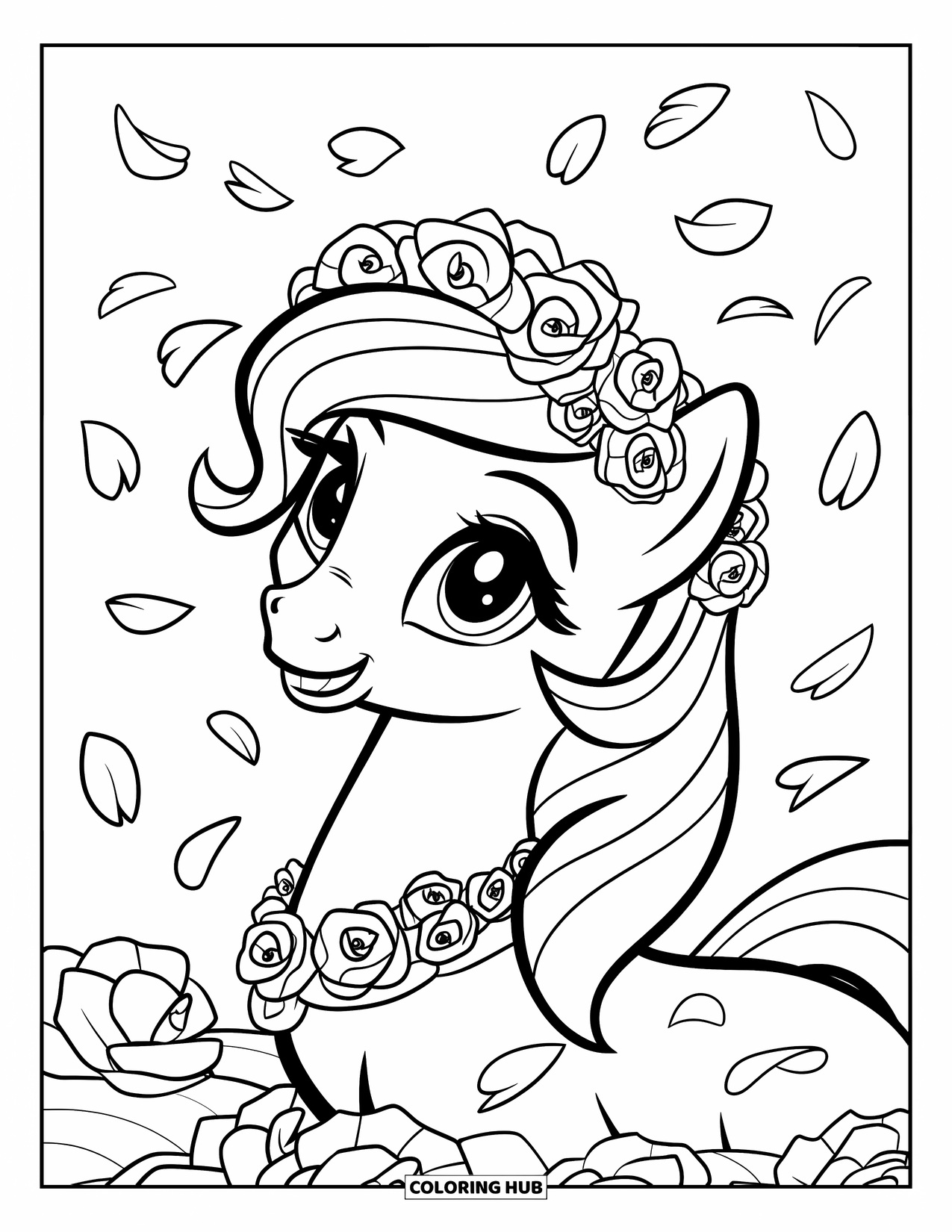 Coloriage de poney pour enfants : Un poney avec une tête inclinée et une couronne florale est entouré de doux pétales de rose
