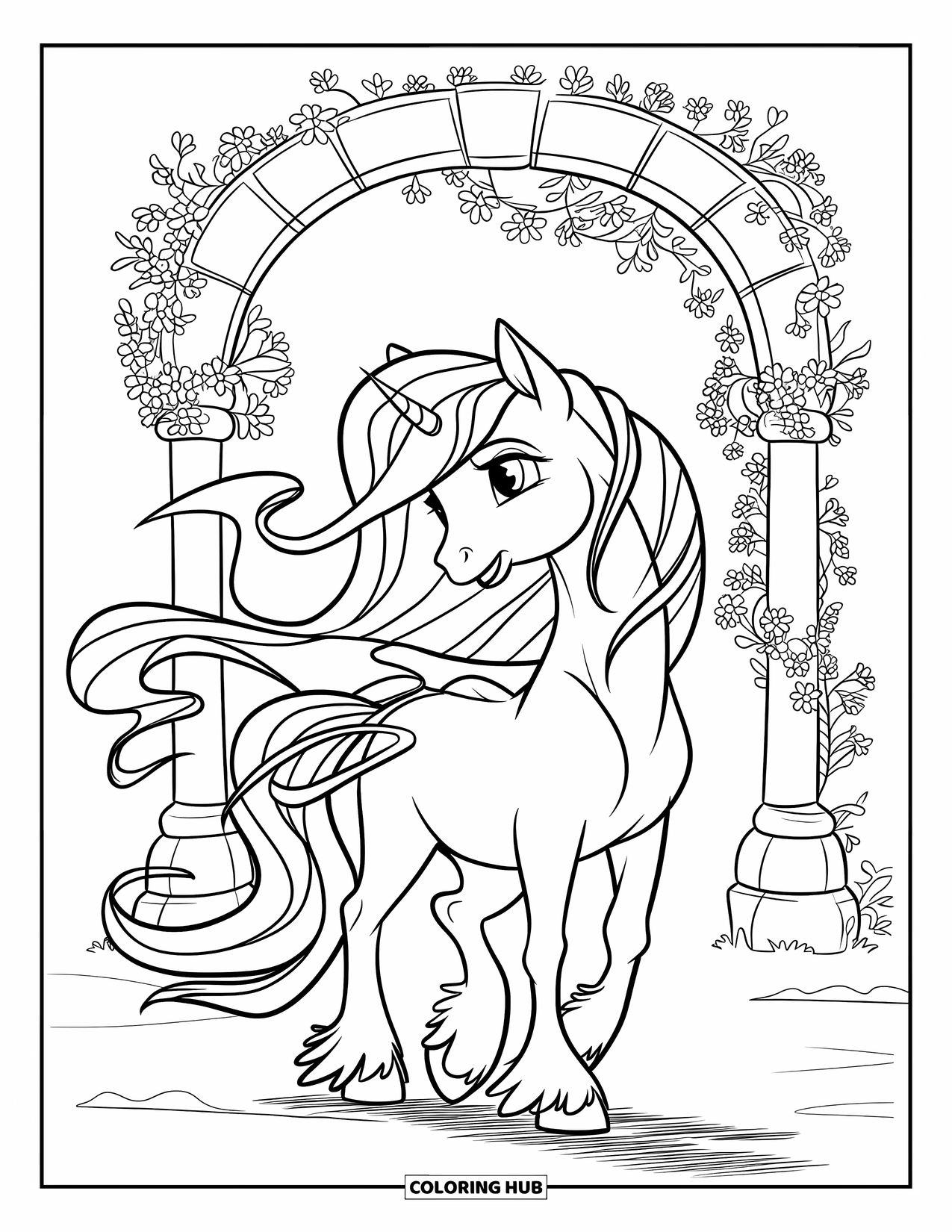 Coloriage de poney pour enfants : Un poney avec une crinière ondulée et des rubans se tient près d’une arche en pierre décorée de fleurs
