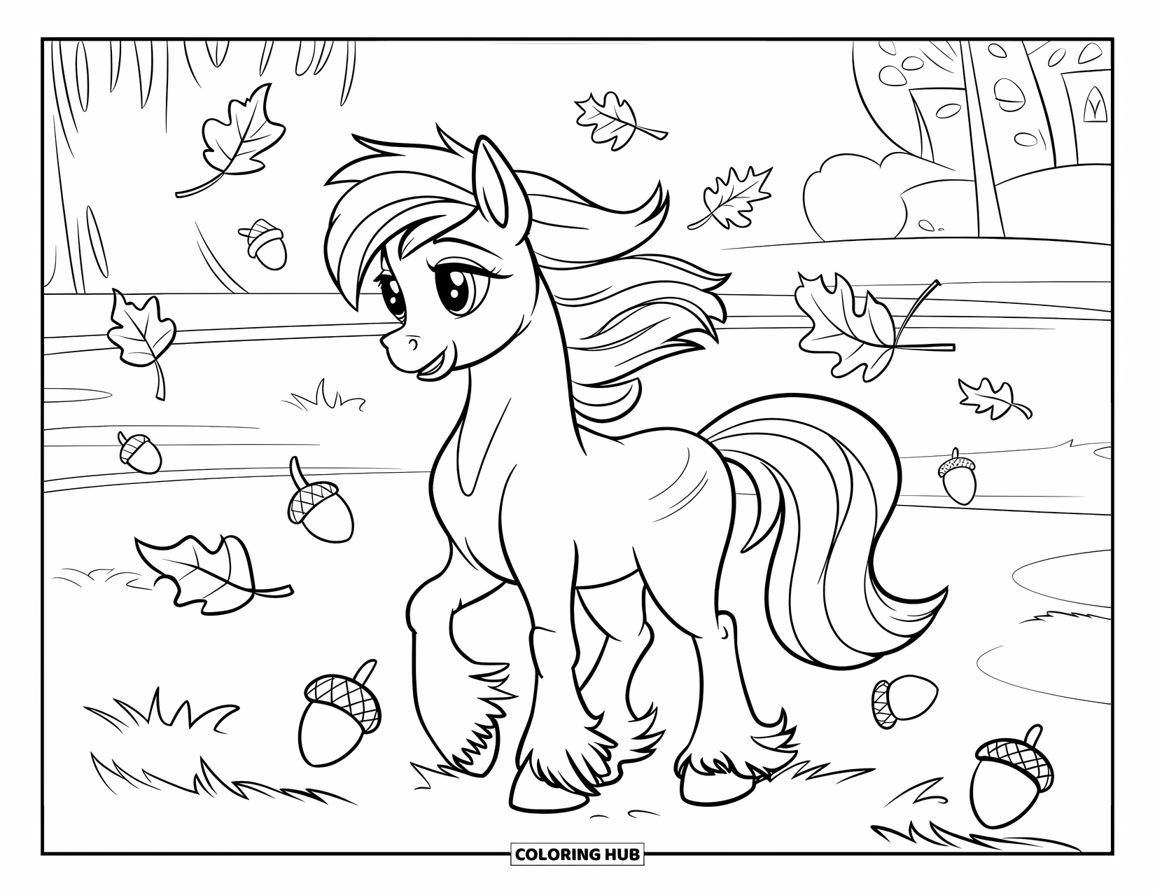 Coloriage de poney pour enfants : Un poney avec une crinière blanche se tient dans un champ rempli de feuilles d’automne et d’arbres