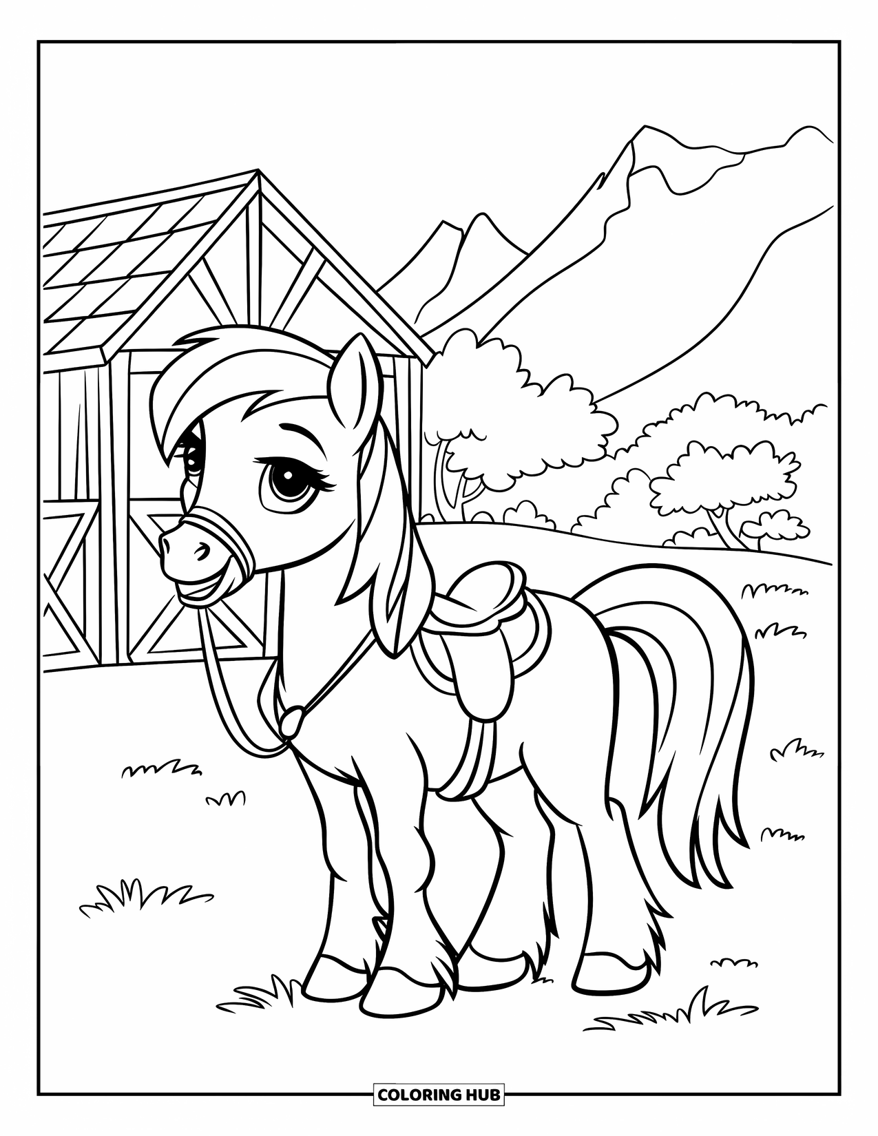 Coloriage de poney pour enfants : Un poney avec une crinière blanche se tient près d’une étable au toit rouge et d’arbres verts