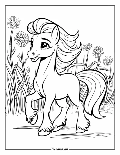 Coloriage de poney pour enfants : Un poney avec des cheveux flottants se promène dans un champ rempli de grandes fleurs