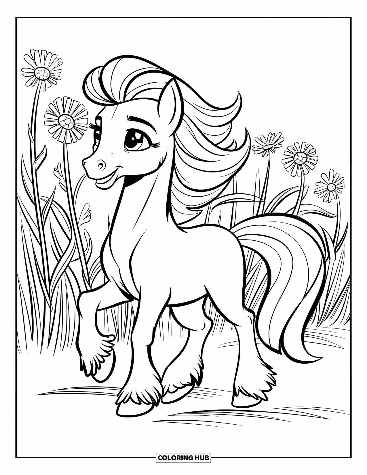 Coloriage de poney pour enfants : Un poney avec des cheveux flottants se promène dans un champ rempli de grandes fleurs
