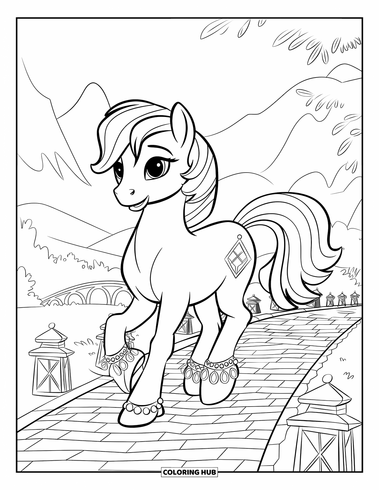Coloriage de poney pour enfants : Un poney avec des bracelets de cheville ornés de bijoux trotte sur un chemin éclairé par des lanternes dans les montagnes
