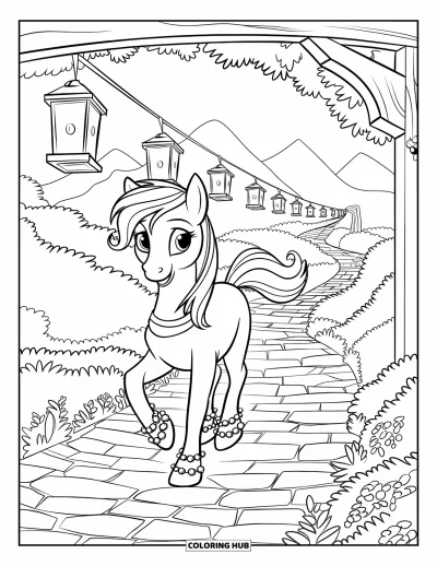 Coloriage de poney pour enfants : Un poney avec des bracelets de cheville ornés de bijoux marche sous des lanternes suspendues sur un chemin pavé