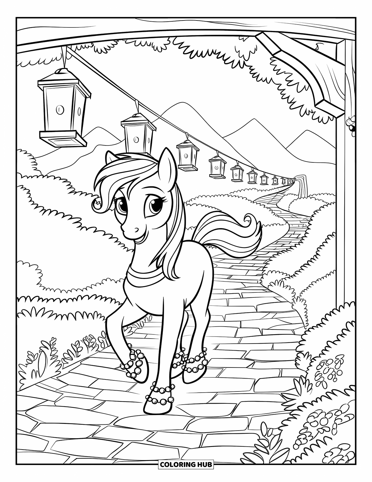 Coloriage de poney pour enfants : Un poney avec des bracelets de cheville ornés de bijoux marche sous des lanternes suspendues sur un chemin pavé