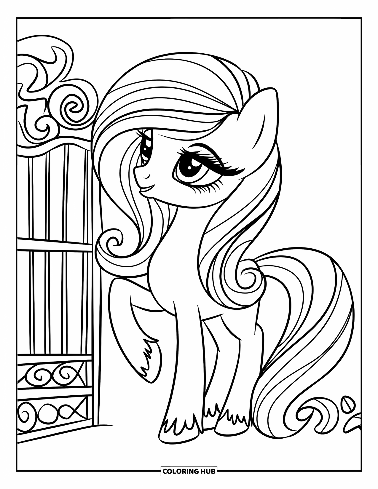 Coloriage de poney pour enfants : Un poney avec des cheveux soyeux et de jolis cils se tient près d’une porte de jardin fantaisie