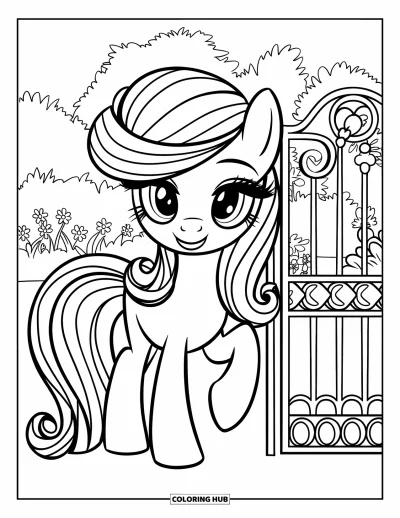 Coloriage de poney pour enfants : Un poney avec des cheveux doux pose à côté d’une porte couverte de fleurs dans un joli jardin