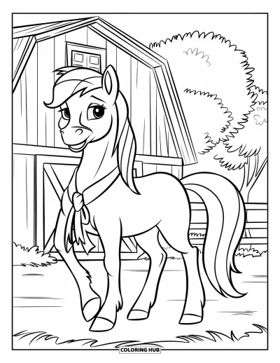 Coloriage de poney pour enfants : Un poney fier avec un ruban se tient devant une grange confortable