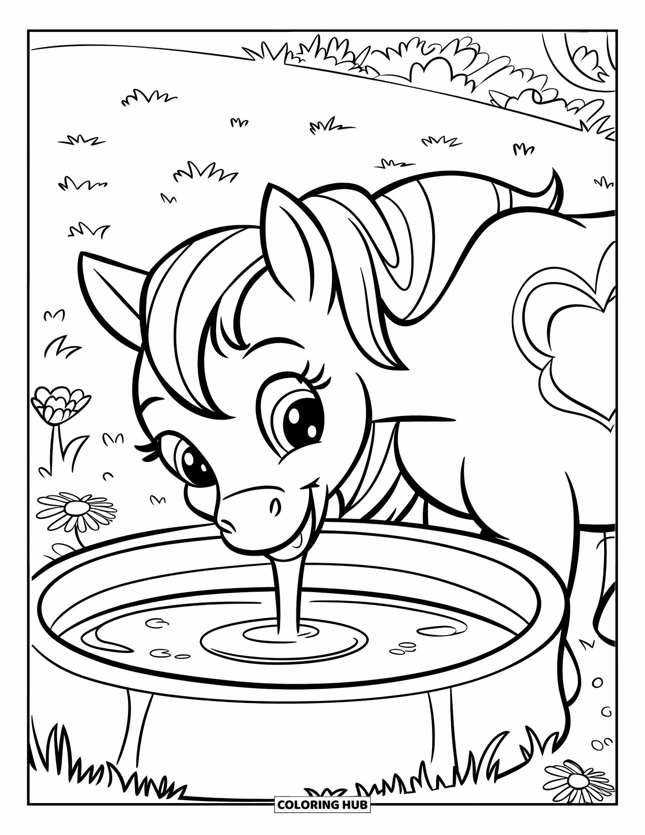 Coloriage de poney pour enfants : Un poney souriant avec une marque en forme de cœur boit dans une auge dans une prairie remplie de fleurs