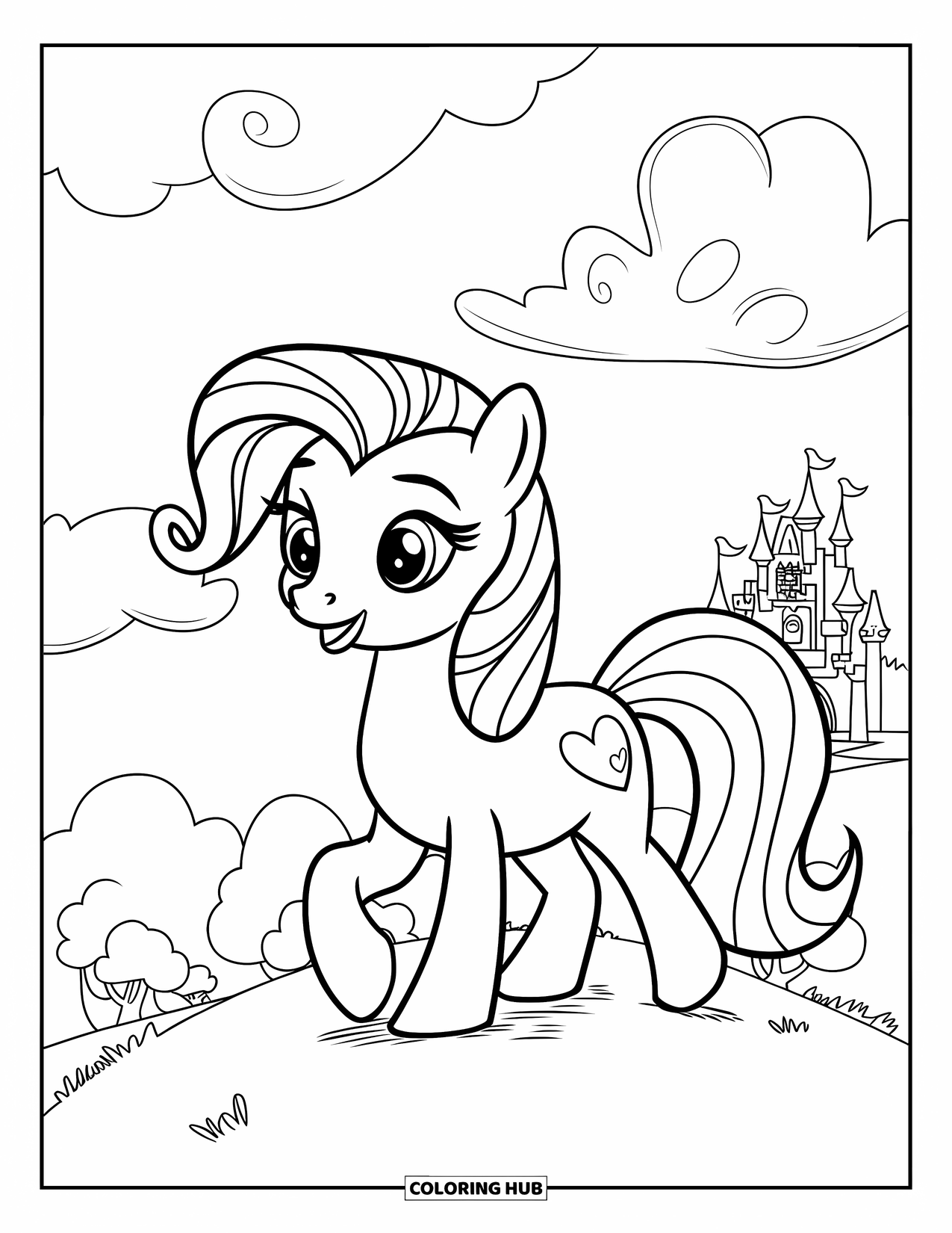 Coloriage de poney pour enfants : Un poney souriant avec une crinière en forme de cœur se promène près d’un château et d’arbres