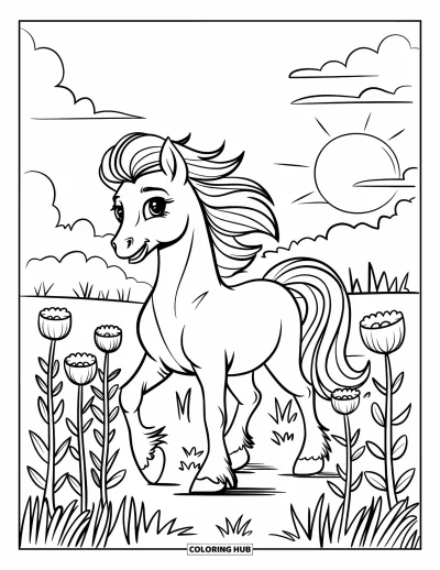 Coloriage de poney pour enfants : Un élégant poney traverse un champ fleuri sous des nuages et un soleil couchant