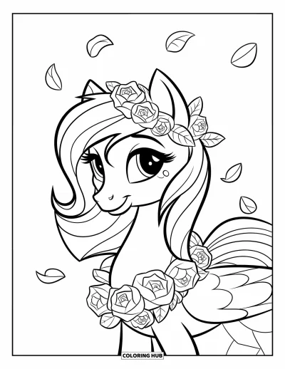 Coloriage de poney pour enfants : Un adorable poney portant une couronne de fleurs se tient paisiblement parmi des pétales de roses éparpillés