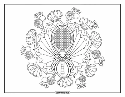 Coloriage preppy pour adultes : Un mandala fleuri de jasmin et de pensées entoure une raquette de tennis