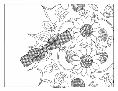 Coloriage preppy pour adultes : Un bandeau audacieux repose sur un mandala floral avec spirales et formes feuillues