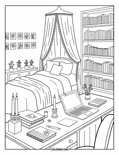 Coloriage preppy pour adultes : Une chambre cosy avec un lit à baldaquin, des cadres photo floraux et un bureau encombré