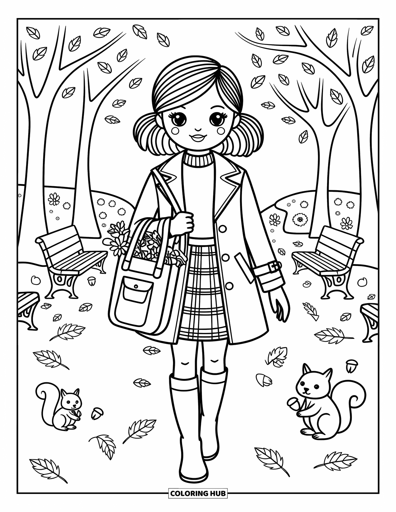 Preppy Coloring Page for Adults: A cozy park path is filled with leaves, squirrels, and a girl with a flower-filled tote