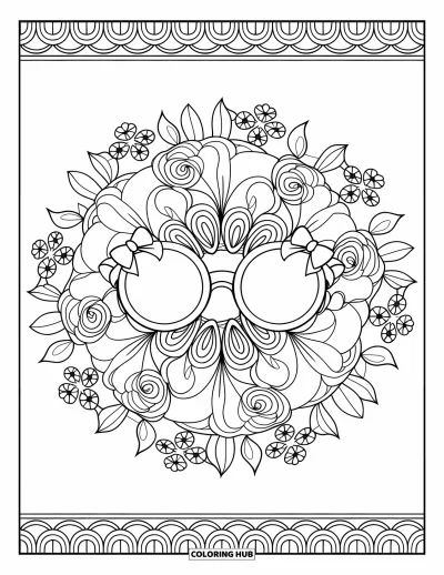 Coloriage preppy pour adultes : Une jolie paire de lunettes repose dans un mandala de roses et de lys