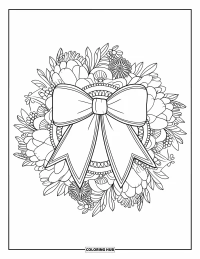Coloriage preppy pour adultes : Un joli nœud preppy trône dans un mandala détaillé de pivoines et d’anneaux de feuilles