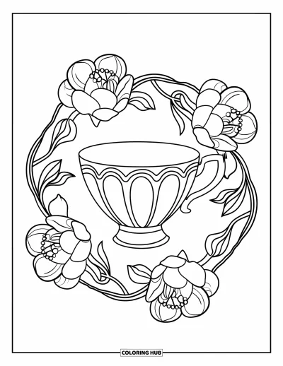Coloriage preppy pour adultes : Une délicate tasse à thé repose dans un mandala floral de gardénias et de fleurs