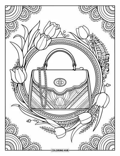 Coloriage preppy pour adultes : Un mandala floral détaillé entoure un sac à main preppy à bandoulière chaîne