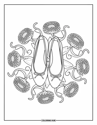 Coloriage preppy pour adultes : Un mandala détaillé de feuilles en cœur et de fleurs entoure une paire de ballerines