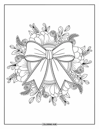 Coloriage preppy pour adultes : Un nœud à bord pointillé repose dans un mandala de fleurs sauvages aux anneaux feuillus