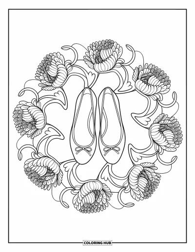 Coloriage preppy pour adultes : Un mandala floral encadre une paire de petites ballerines avec des détails de nœuds