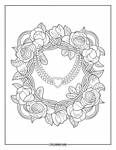Coloriage preppy pour adultes : Un mandala floral encadre un collier de perles preppy avec un fermoir en forme de cœur