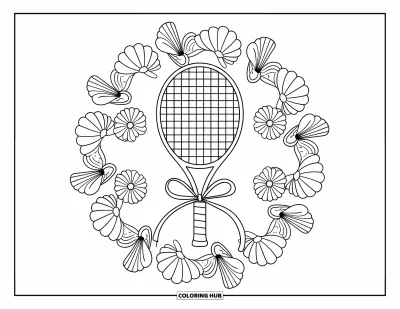Coloriage preppy pour adultes : Un mandala floral encadre une raquette de tennis nouée d’un ruban délicat