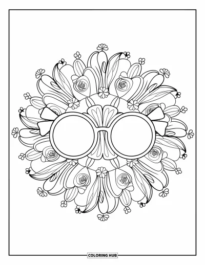 Coloriage preppy pour adultes : Un mandala floral de lys et de roses entoure une paire de lunettes élégantes