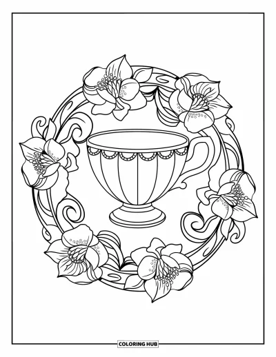 Coloriage preppy pour adultes : Un mandala de gardénias entoure une tasse à thé preppy aux bords festonnés