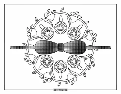 Coloriage preppy pour adultes : Un bandeau vichy repose au centre d’un mandala rempli de tournesols