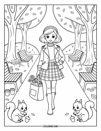 Coloriage preppy pour adultes : Une fille en bottes et trench traverse un parc couvert de feuilles, avec un charme automnal