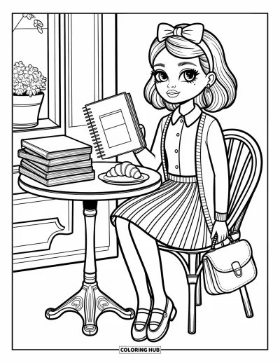 Coloriage preppy pour adultes : Une fille avec un bandeau à nœud boit son café près de magazines et de son sac préféré