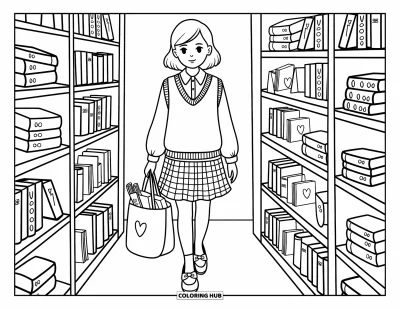 Coloriage preppy pour adultes : Une fille avec un cabas rempli de livres passe devant des étagères décorées de cœurs dans une librairie